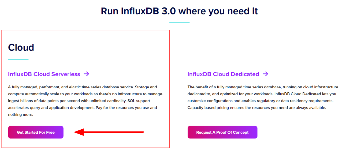 "Screenshot showing the Influxdb cloud 'Getting started' button"