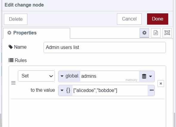 Screenshot displaying the change node which which stores list of admins username in global context "Screenshot displaying the change node which which stores list of admins username in global context"
