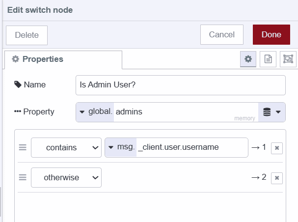 Screenshot displaying the switch node which checks whether the logged-in user's username is contained in the admin list or not "Screenshot displaying the switch node which checks whether the logged-in user's username is contained in the admin list or not"