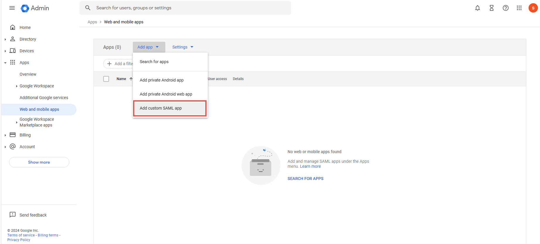 Screenshot showing the 'Add custom SAML apps' option in the Google workspace admin console "Screenshot showing the 'Add app' and 'Add custom SAML apps' option in the Google workspace admin console"