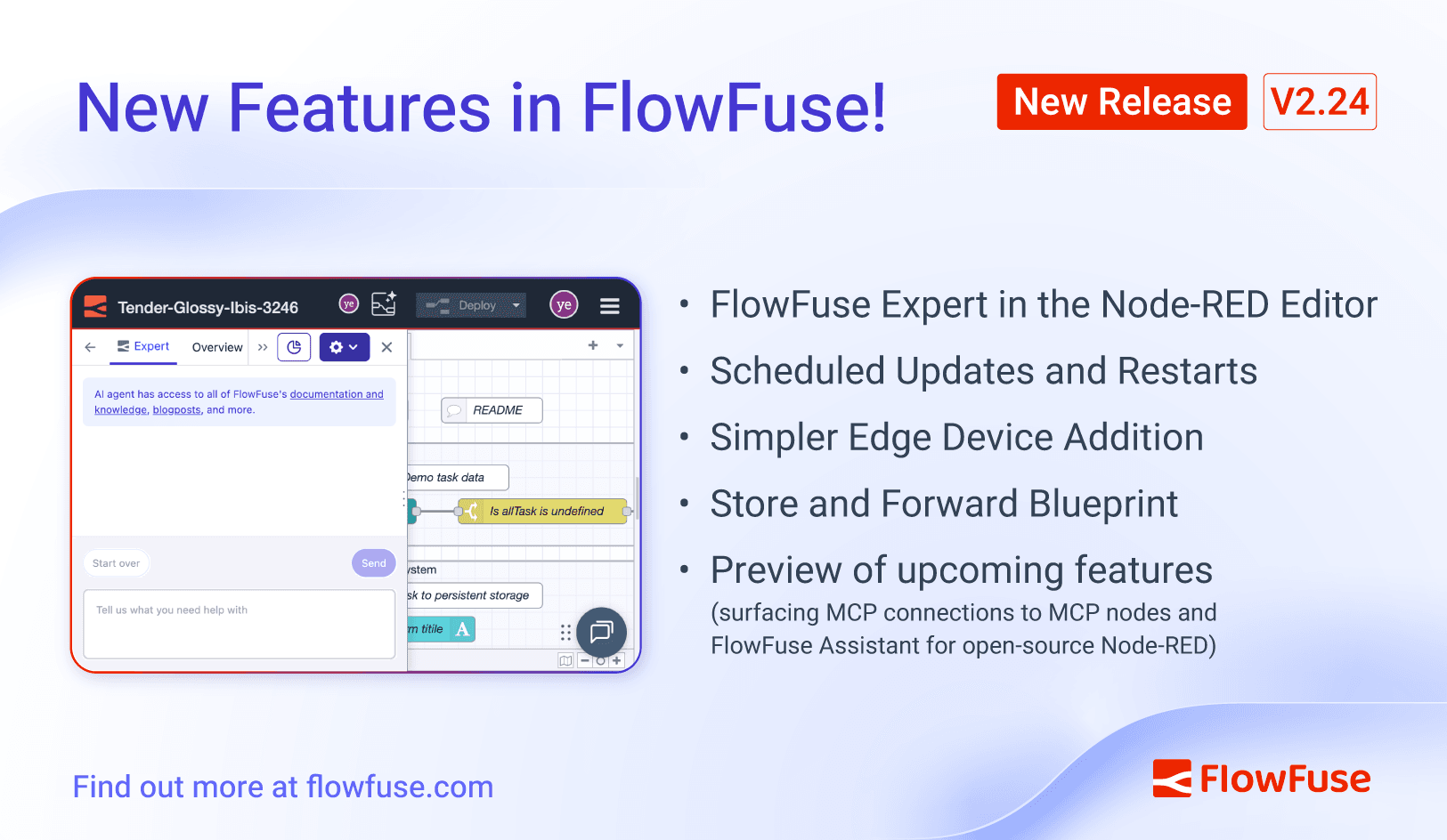 Image representing FlowFuse 2.24: FlowFuse Expert in the Node-RED Editor, Scheduled Updates, Simpler Edge Device Addition, Store and Forward Blueprint, and what's next!